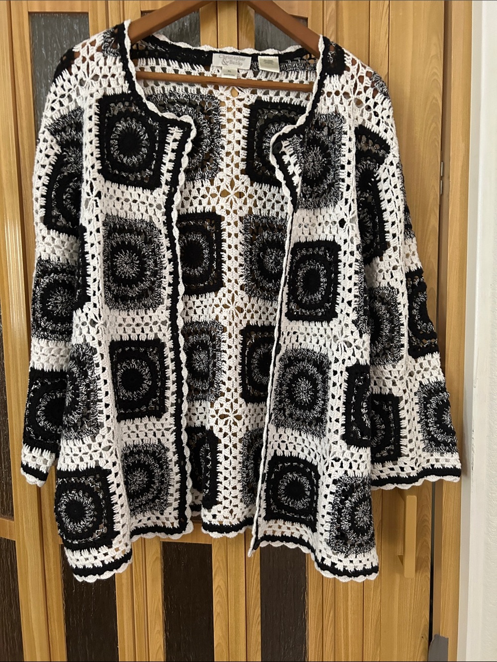 Christopher & Banks Black and White Crochet Open Cardigan